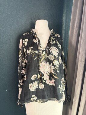 Dolan Anthropologie 100% Cotton Floral Boho Top Black Pink Ruffle Sz Small